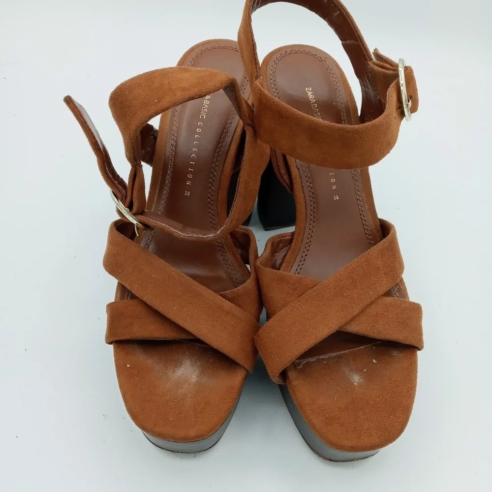 Zara Basic Collection Strappy Wood Platform Heels w/ Ankle Buckle Strap